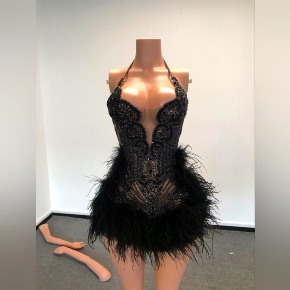 Black Beaded Women Birthday Feather Dress
